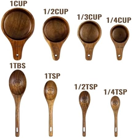 Wooden Measuring Cups and Spoons Set - Eco-Friendly Solid Acacia Wood, Laser Engraved Measurements, Perfect for Baking & Cooking - Ideal for Bakers, Chefs & Home Cooks（brown）