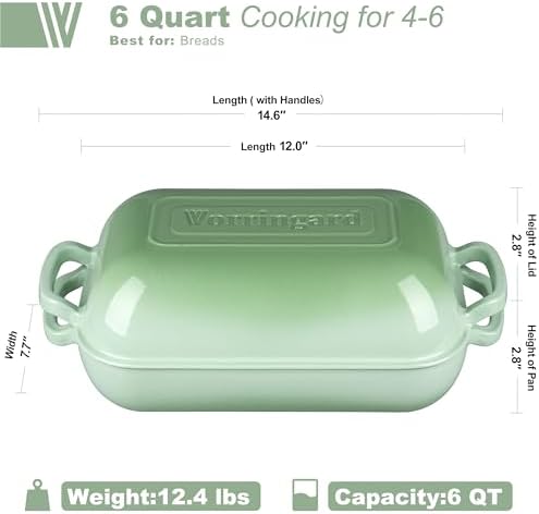VORRINGARD Large Cast Iron Dutch Oven Dome Pot with Lid, Enameled Bread Oven, Bread Pan for Homemade Sourdough Bread Baking, 6QT, Green