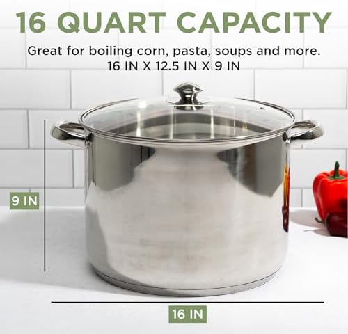 Ecolution Pure Intentions Stock Pot - Features Tempered Glass Lid, Keep Cool Handle, and Encapsulated Bottom - Oven Safe - Curbside Recyclable Stainless Steel - 16 Quarts