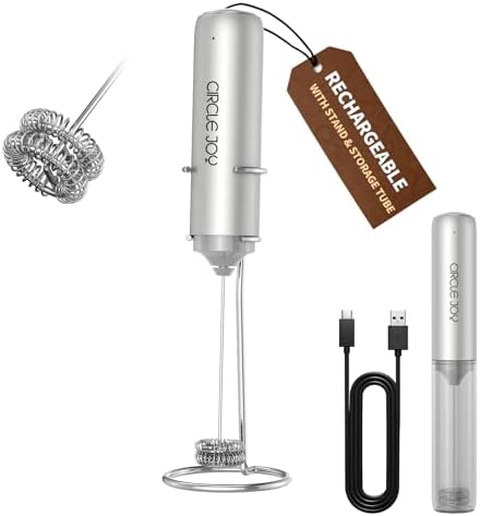CIRCLE JOY Rechargeable Milk Frother Handheld with Stand,Dual Spring Whisk Electric Coffee Frother Wand, Portable Hand Frother Drink Mixer for Matcha Lattes Cappuccino, Coffee Lover Gift, Silver