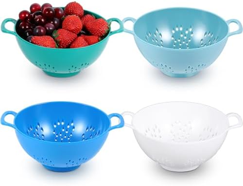 Baderke 4 Pack Mini Colander for Kitchen Plastic Berry Strainer with Double Handles 7.5 x 6 x 3 Inch Small Colander Strainer for Fruits Vegetables Food (Light Blue,Army Green,White,Blue)
