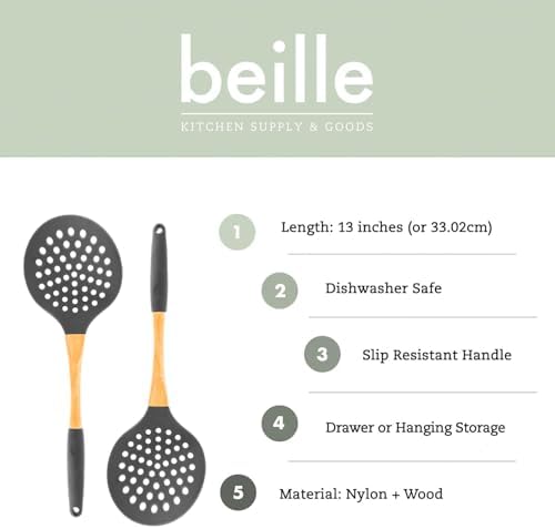 Beille 1pc Grey Nylon Skimmer Spoon with Soft Grip Ergonomic Wooden Handle Kitchen Utensils, 13 Inch