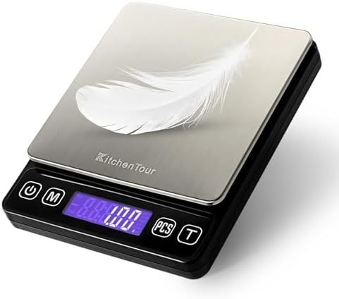 KitchenTour Mini Gram Scale for Coffee, Jewelry and Small Items, 500g x 0.01g Digital Pocket Scale with Tare, 6 Units, Back-Lit LCD, 2 Trays, Black