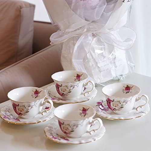 Ceramic Tea Cups Coffee Cup and Saucers Set of 4 (Rose)