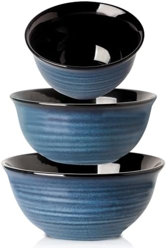 HASENSE Mixing Bowls, Ceramic Serving Bowls Set for Cooking, Baking, Prepping, Large Nesting Bowls for Salads, Fruit, Popcorn, 2.1/1.5/1.0 Qt, Dishwasher & Microwave Safe, Blue