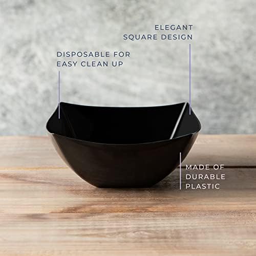 PLASTICPRO Disposable Square Serving Bowls, Party Snack or Salad Bowl, Plastic Black Pack of 8, 16 OUNCE, Black