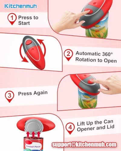 KITCHENMUH One Touch Electric Can Opener Fits All Can Sizes for Seniors with Arthritis, Battery Operated Can Opener with Smooth Edge, Food Safe Automatic Can Opener for Kitchen (Red+Grey)