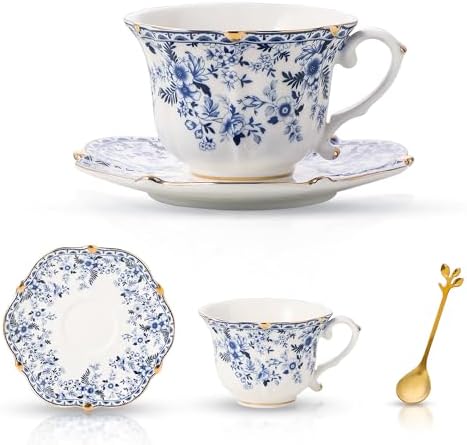 Country Roses Porcelain Tea Cup and Saucer Set with Gold Trim, Vintage Style, For Women and Tea Parties (1, Cyan)