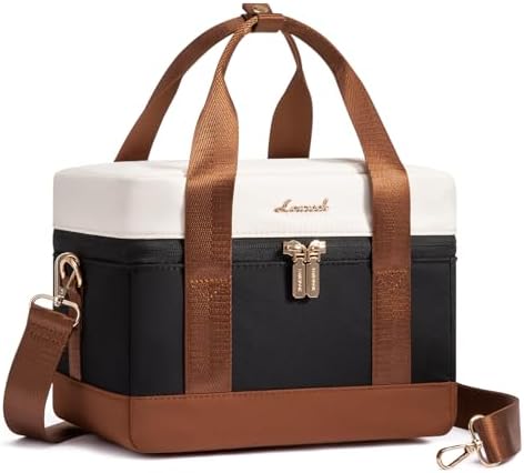 LOVEVOOK Insulated Lunch Box for Women Men, Reusable Lunch Bag with Large Capacity, Leakproof Cooler Lunch Tote for Work, Office, Outdoor Use, Black-beige-brown
