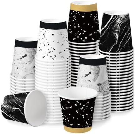 RUSPEPA 3oz Marble Polka Paper Cup Set, 100 Pack Black White Design Disposable Small Party Cups for Bathroom, Mouthwash, Espresso, Wedding, Bridal Shower, Garden Tea Party Supplies