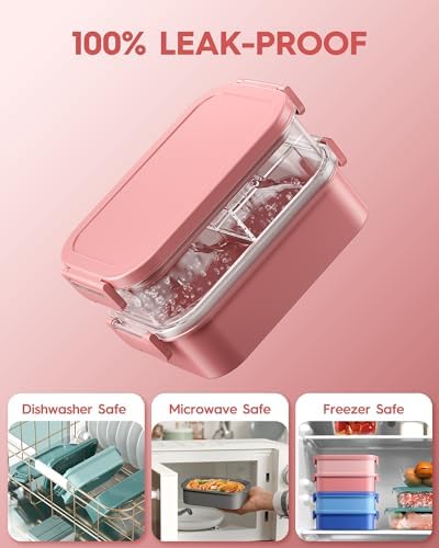 Adults Bento Lunch Box Set with Thermo Bag, 74oz Stackable Leak-proof 3-tiers Bento Box, Built-in Utensil and Sauce Container for Work, School, Dining Out (Pink)