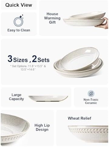 LE TAUCI Serving Platters Set of 2, Ceramic Serving Bowls, Large Oval Serving Dishes for Entertaining, Turkey Plates, Kitchen Bowls for Salad, Fruit, Pasta.Oven Safe, 63/41 oz, 13.5"/11.8"-Birch Wheat