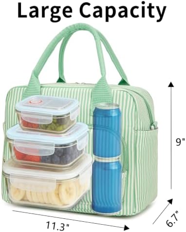 GASSDA Lunch Box for Women Insulated Lunch Bag Women Adult Cute Lunch Bags Reusable Lunchbox Cooler Tote Bag for Work Picnic (Green and white stripes)