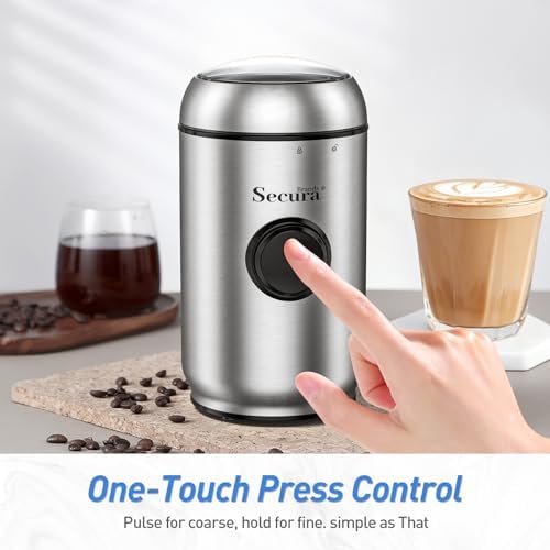 Secura Brands Electric Quiet Coffee Grinder, One-Touch Pulse Control Stainless Steel Coffee Grinder for Beans and Spices & Herbs, Silver