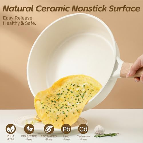 Ceramic Nonstick Frying Pan with Lid, 4.0 QT Sauté Pan Large Capacity Skillet, Non Stick Deep Frying Pan Induction Compatible White Granite Coating PFOA/PFAS Free Non-toxic Healthy Kitchen Cookware