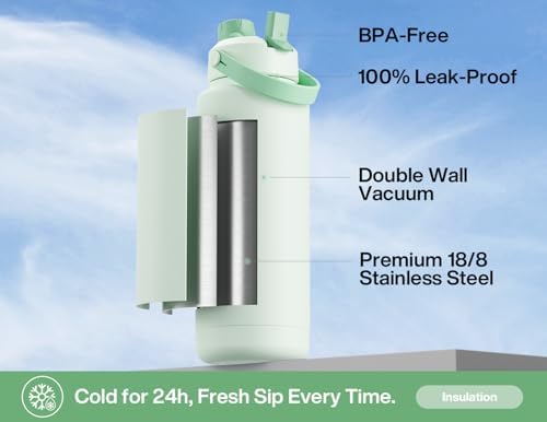 POWCAN 40 oz Insulated Water Bottle with 2-in-1 Straw and Spout Lid, Keep Cold 24H, Leak-Proof, BPA-Free, Double Wall Stainless Steel Water Bottle for Sports, Gym, Travel, and School (Mint)