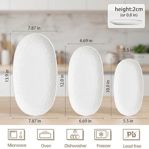Oval Serving Platter, 14"/12"/10" Ceramic Serving Platters, Embossed White Serving Plates, Stackable Porcelain Tray for Appetizer, Dessert, Pasta, Sushi, Oven Dishwasher Safe, Set of 3, Family Dining