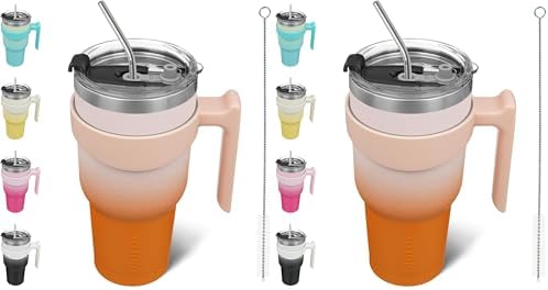 BJPKPK Tumbler With Handle And Straw 40oz Stainless Steel Tumbler With Lid Insulated Coffee Cups,Coral (Pack of 2)