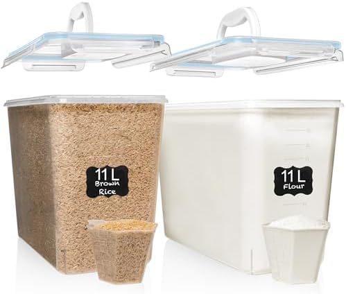 Shazo 2 PC (11L | 372 oz) Flour Sugar Storage Containers with Easy Carry Handle - Plastic Extra Large Food Storage Containers with Lids for Rice Cereal, BPA Free & Airtight Kitchen Pantry Organization