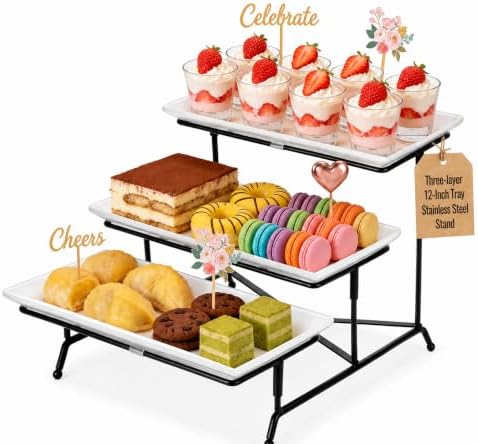 3 Tier Serving Tray, 12" White Plastic Tiered Food Serving Platters, Reusable Tray Stand Black Collapsible Metal Stand with Stable Cross Bars, Party Display Stands for Veggie Fruit, Dessert