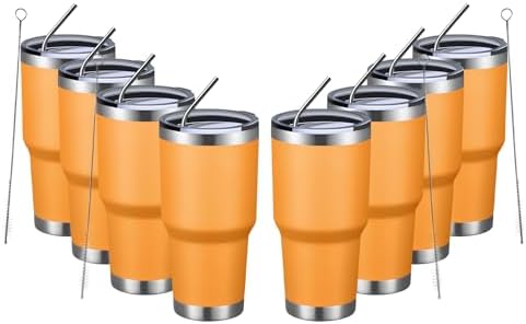 MEWAY 30oz Insulated Tumbler With Lids and Straws,Stainless Steel Double Vacuum Coffee Tumbler Cup, Brush, Durable Powder Coated Coffee Cup for Cold & Hot Drinks, Office, Travel(Orange,8 PACK)