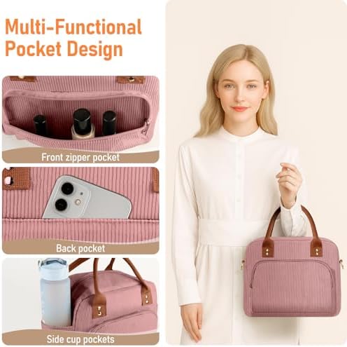 Lunch Bag Large Insulated Lunch Box for Women Men Adult Cute Pink Lunchbox Corduroy Lunch Bags Boxes Pail with Adjustable Shoulder Strap for Work Mom Picnic Office Travel 11.4×6.8×9.1 inches 11.5L