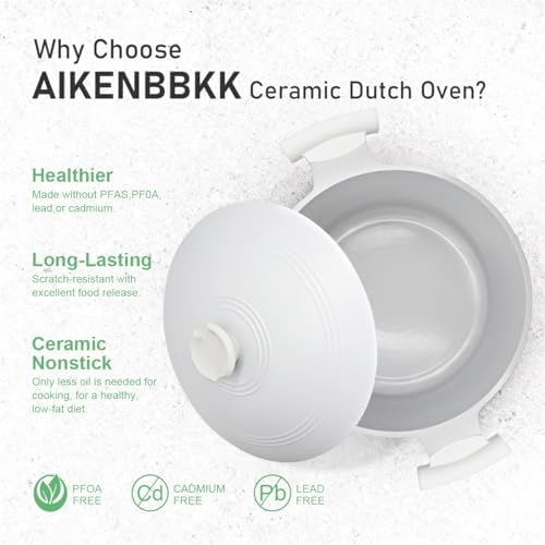 AIKENBBKK 7 Quart Lightweight Dutch Oven Pot with Lid, Ceramic Cooking Pot Nonstick, Nonstick Soup Pot for Stews Braising and Frying, Induction Pot for All Stoves, Stay-Cool Handle, PFOA Free, White