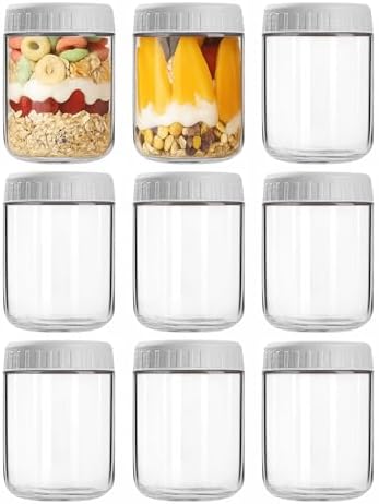 Overnight Oats Containers with Lids, 16oz Wide Mouth Mason Jars with Lids, 9 Pack Glass Jars with Airtight lid for Chia Pudding Yogurt Salad, Meal Prer Oatmeal Jars, Gray