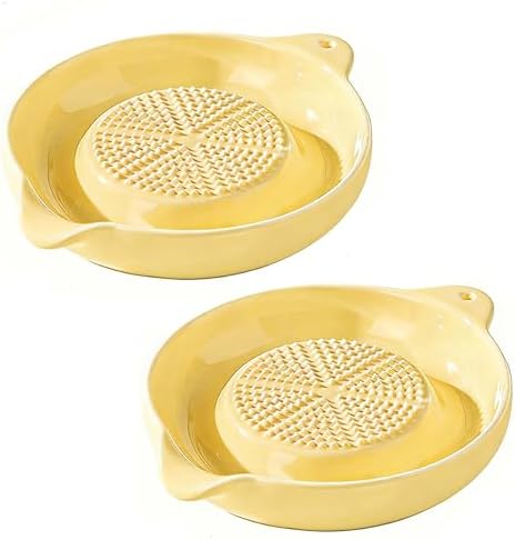 2 Pcs DelloidMaz 3.5 Inch Yellow Ceramic Grater Plate for Ginger, Garlic, Onion, Cheese, Lemon, Chocolate, Vegetables and Fruits for Kitchen (2 Pcs, Yellow)