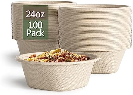 24 Oz Disposable Bowls, [100 Pack] Paper Bowls Disposable - Heavy Duty and Eco-friendly Sugarcane and Bamboo Bagasse Biodegradable Bowls for Cereal, Rice, French Fries - Convenient and Compostable