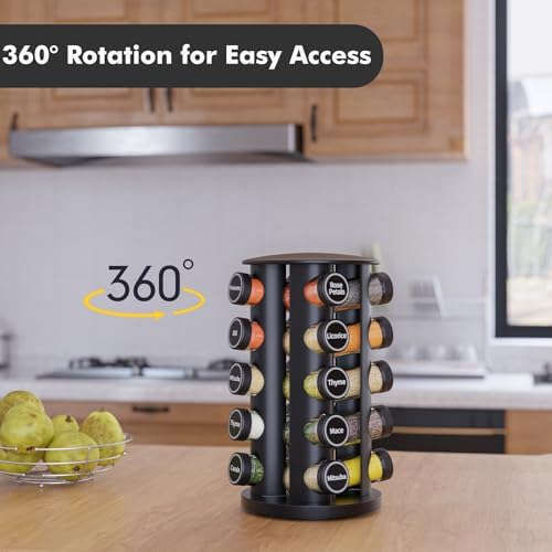 New England Stories Revolving Spice Rack Set with 20 Spice Jars, Kitchen Spice Tower Organizer for Countertop or Cabinet - Carousel Storage Includes 386 Spice Labels (Black)