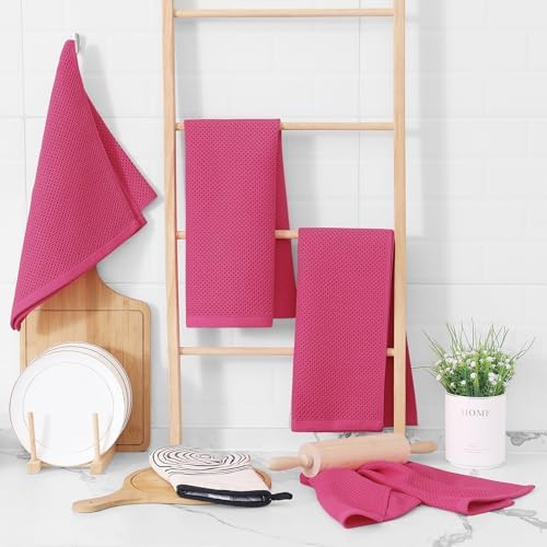 Homaxy 100% Cotton Waffle Weave Kitchen Dish Towels 4-Pack, Hot Pink