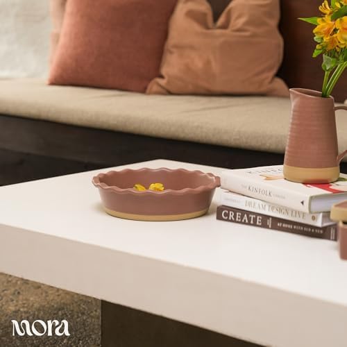 MORA Ceramic Pie Pan for Baking - 9 inch - Deep and Fluted Pie Dish for Old Fashion Apple Pie, Quiche, Pot Pies, Tart, etc - Modern Farmhouse Style Porcelain Ceramic Pie Plate - Terracotta