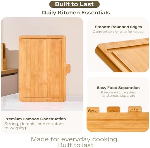 Bamboo Cutting Boards for Kitchen, Wooden Set of 3 with Holder