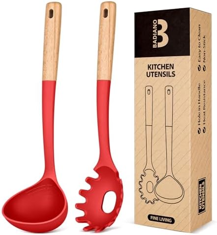 Badiano Kitchen Pasta Fork and Ladle Set, Perfect for Serving, Red