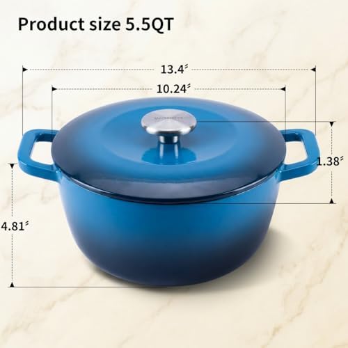 5.5QT Enameled Cast Iron Dutch Oven,Concave Self-Basting Lid,Blue