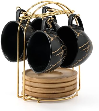 LUKA Ceramic Demitasse Espresso Cups Set with Saucers and Metal Stand, 8 oz Porcelain Stackable Cappuccino Cups Teacup For Tea, Espresso, Latte, Coffee, Cafe Mocha, Set of 4, Black