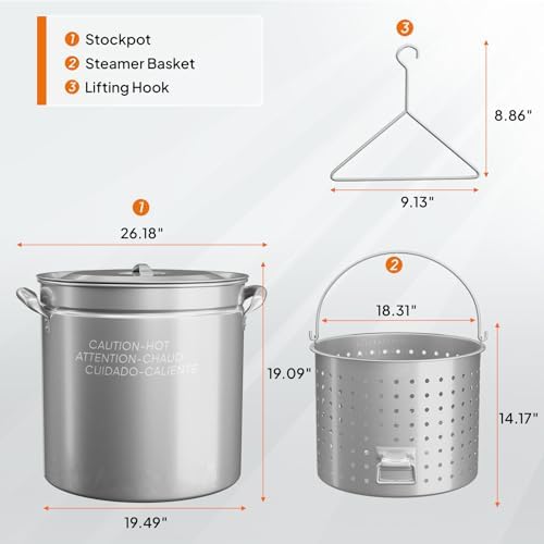 Bonnlo 102QT Stainless Steel Stock Pot for Boiling Seafood, Crawfish lobster & Crab, Frying Turkey & Steaming Tamales, Large Boil Pot with Steamer Basket, Lid, Lifting Hook for Outdoor Cooking Patio