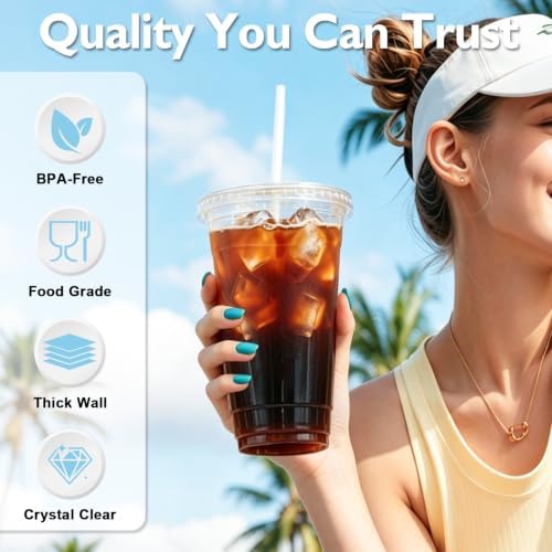 100 Pack 24 oz Disposable Plastic Cups with Lids and Straws