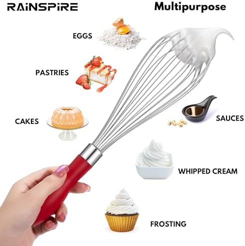 Whisk for Cooking Reinforced Anti-Break Handle Stainless Steel 3Pack Red
