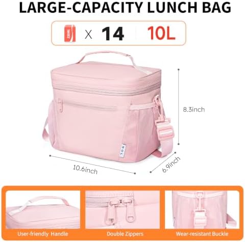 NOL Insulated Lunch Bag for Women Men Adults, Reusable Lunch Tote with Adjustable Shoulder Strap, Leakproof Thermal Food Cooler Bag with Front Pocket and Side Mesh Pockets for Work Travel, Pink
