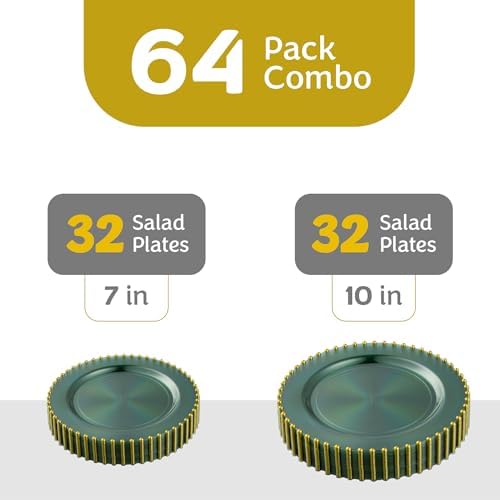 PLASTICPRO 64 Piece Combo Plastic Dinner Plates Disposable Plastic Fancy Heavy Duty Party Dishes 7 inch and 10 inch, Translucent Green and Gold Beaded