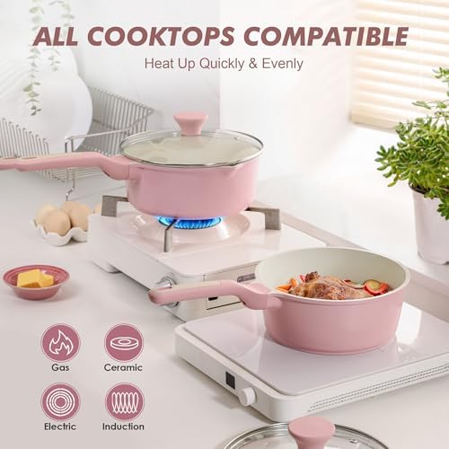 SENSARTE Ceramic Nonstick Saucepan with Double Pouring Spout, 3QT, Pink