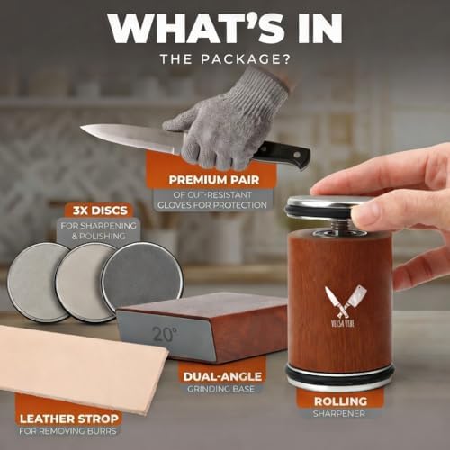 Premium Rolling Knife Sharpener Kit - High Carbon 400/1000/3000 Grit Diamond & Ceramic Discs, 15° & 20° Angles, Leather Strop & Anticut Gloves | Knife Sharpener for Chef, Santoku, & Utility Knives