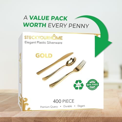 Gold Plastic Silverware Set (400-Pack) – Disposable Heavy Duty Cutlery, 134 Forks, 134 Knives, 134 Spoons for Parties, Weddings, Dinners & Holidays, Stock Your Home