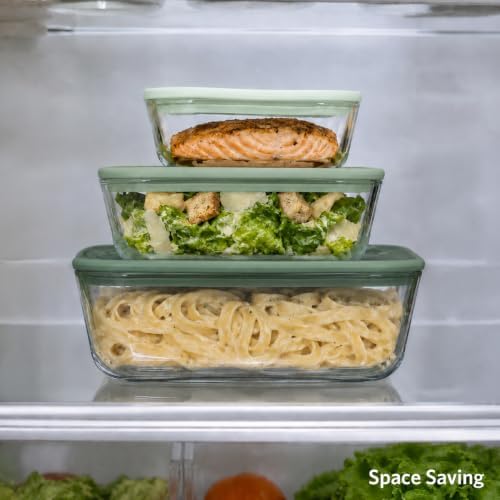 Glad Glass Food Storage Containers, Set of 3 - Airtight Vacuum Sealed Steam Vent Lids - Square Borosilicate Glass Dishes with Ombre Green Lids - Assorted Sizes for Meal Prep & Leftovers, Sage