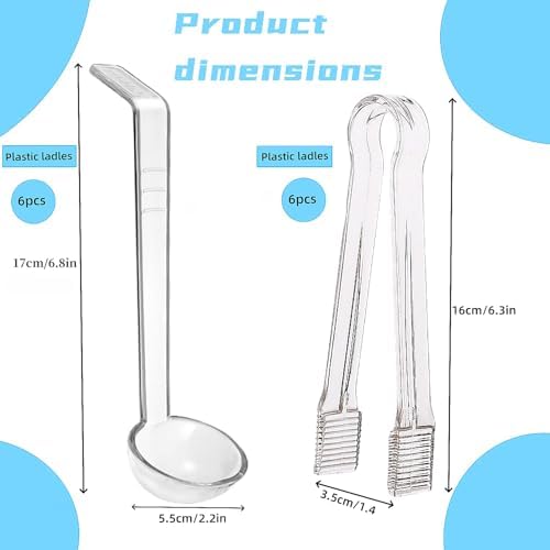 12 pieces 1 oz ladle Set Including 6 Pcs clear small gravy ladle and 6 Pcs Clear Plastic Tongs for Cocktail Whiskey Tea Party Candy Dessert Buffet