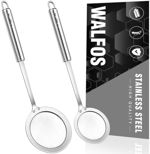 Walfos Skimmer Spoon, Stainless Steel Fine Mesh Strainer,Foam Strainer Oil Filter,Ultra Fine Mesh Strainer Perfect For Separation Of The Floating Foam,Fat,Set fo 2