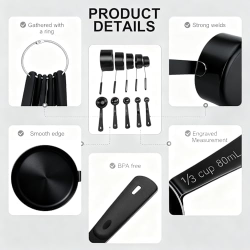Bopei 10-Pcs Stainless Steel Measuring Cups & Spoons Set, Matte Black