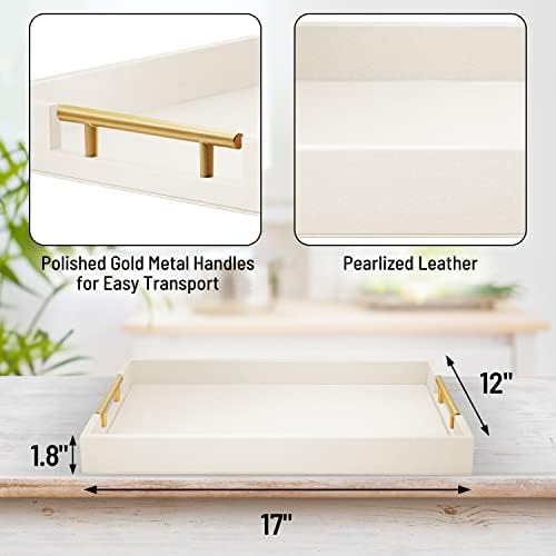 ATZYmolin 17"x12" Leather Serving Tray, Gold Handle Vanity Platter, Beige